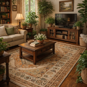 Traditional Persian style Nomad Trad Terra rug in a country living room with sofa, wooden furniture, greenery, bookcase and table lamp