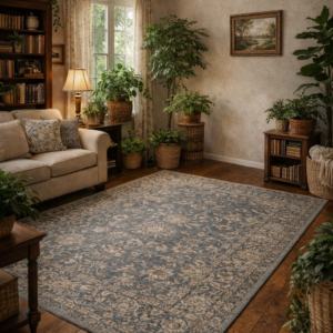 Traditional grey Persian style rug in a cottage living room with exposed wooden beams, greenery, bookcase and table lamp