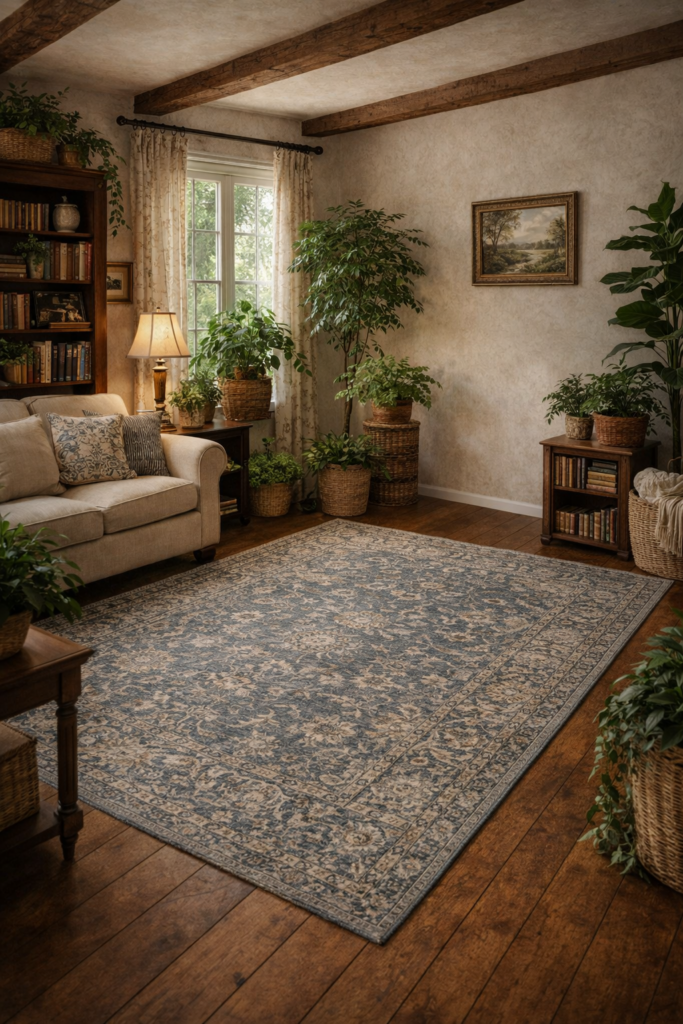 Traditional grey Persian style rug in a cottage living room with exposed wooden beams, greenery, bookcase and table lamp