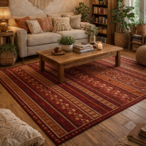 Boho tribal terracotta rug in a bohemian living room with wooden textures, coffee table, books and warm neutral décor