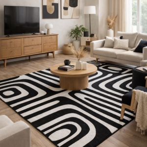 Black and white abstract zebra rug in a modern living room with sofa, coffee table, TV unit and contemporary furniture