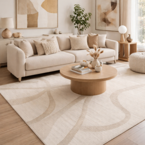Cream abstract wave rug in a contemporary living room with modern furniture, round coffee table, books and abstract wall art