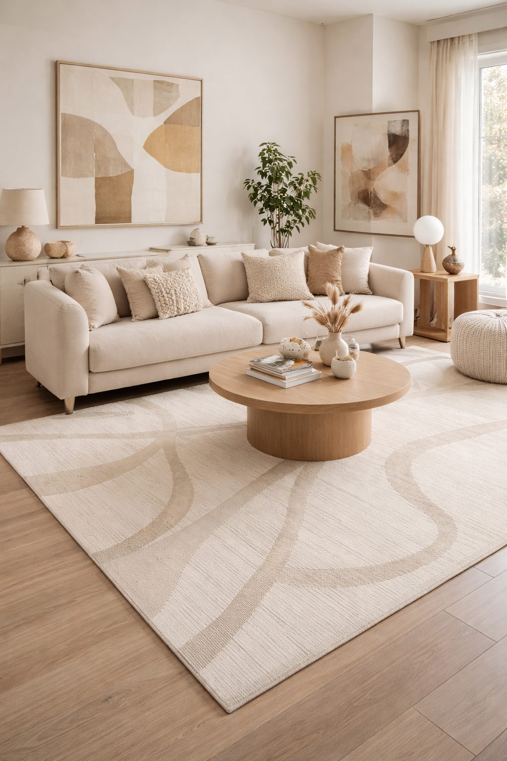 Cream abstract wave rug in a contemporary living room with modern furniture, round coffee table, books and abstract wall art