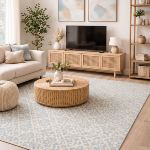 Blue and cream geometric boho rug in a modern living room with TV stand, abstract wall art, wooden furniture and neutral décor