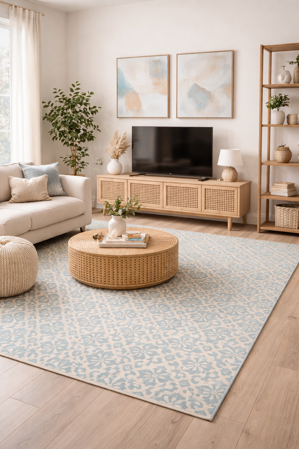 Blue and cream geometric boho rug in a modern living room with TV stand, abstract wall art, wooden furniture and neutral décor