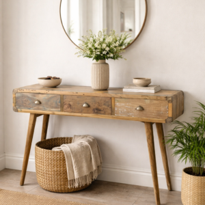 Solid wood console table with three drawers and tapered legs styled against a neutral hallway wall, featuring a round mirror above, subtle greenery, woven basket, and soft natural décor.