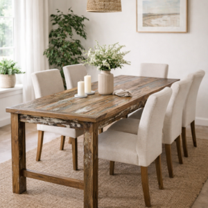 Reclaimed teak dining table made from recycled fishing boat wood, styled in a bright dining room with upholstered chairs, neutral décor, natural light, and a woven jute rug.