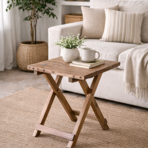 Square folding coffee table made from reclaimed teak wood, styled in a small living room beside a neutral sofa with soft furnishings, natural light, indoor plant, and a woven rug.