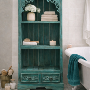 Turquoise wooden bathroom cabinet with open shelving and carved detailing, styled in a vintage-inspired bathroom with neutral tiles, soft towels, and warm natural light.