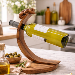 Wooden wine bottle holder with carved frog detail, styled on a kitchen countertop with natural light, glassware, and neutral kitchen décor.