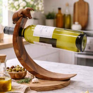 Wooden balancing wine holder with hand-carved pig detail, holding a white wine bottle on a kitchen countertop with natural light and rustic kitchen décor.