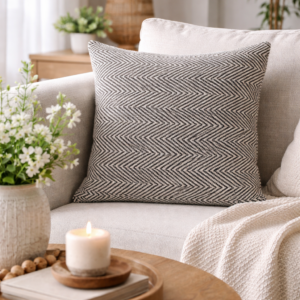 Black and white herringbone cushion styled on a neutral sofa in a cosy living room, with soft furnishings, wooden coffee table, candle, and natural light.