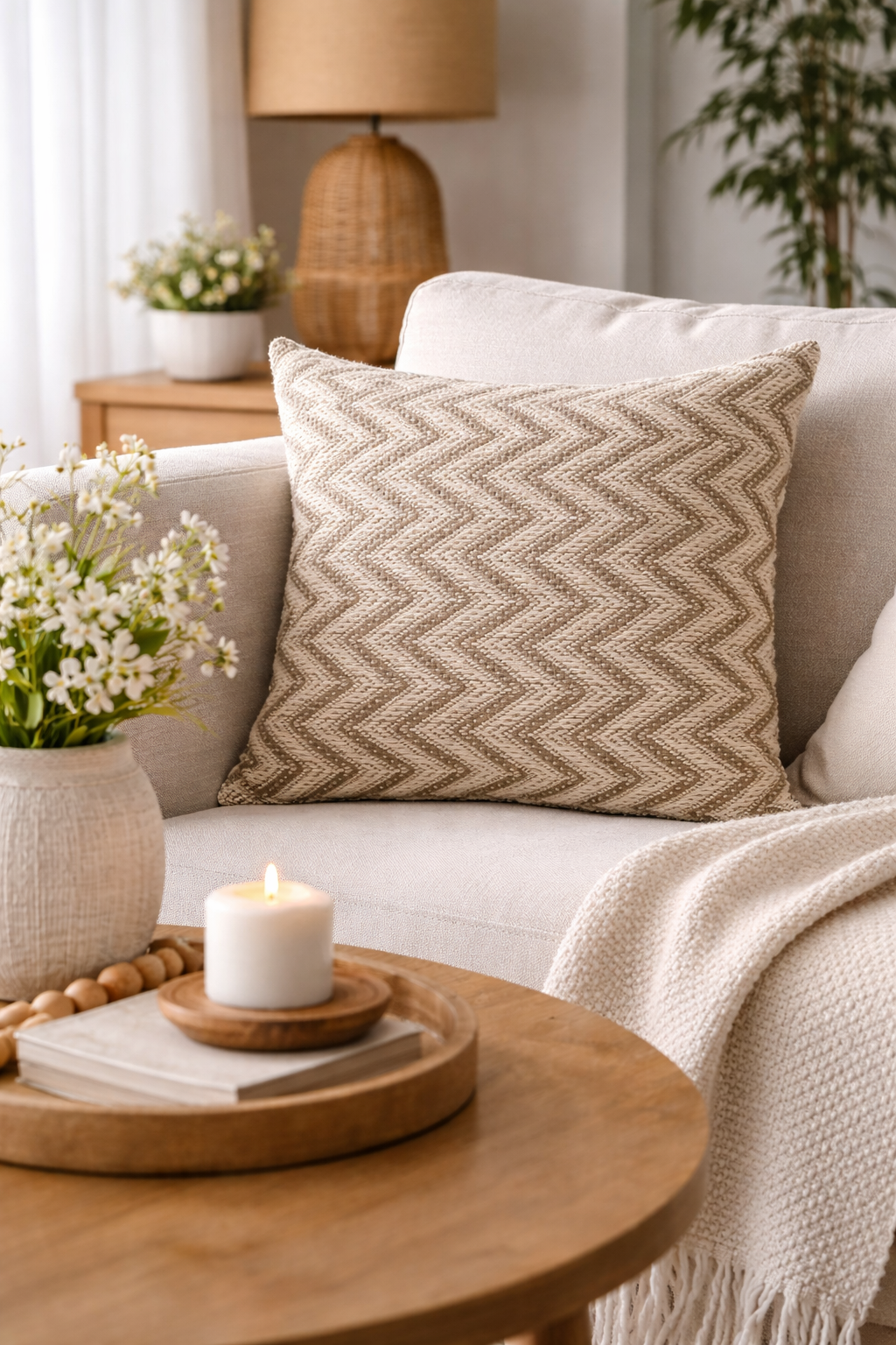 Beige and taupe herringbone cushion styled on a light sofa in a cosy living room, paired with neutral cushions, a wooden coffee table, soft throw, and warm natural light.