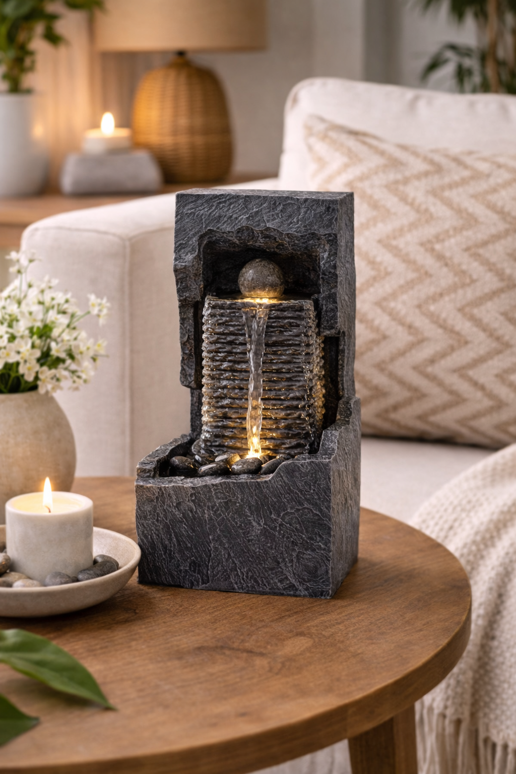 “Contemporary indoor tabletop water feature with cascading water flowing down a textured slate-style column, illuminated crystal ball at the top, and gentle water pooling into a stone basin, styled on a wooden table in a calm living room setting.”