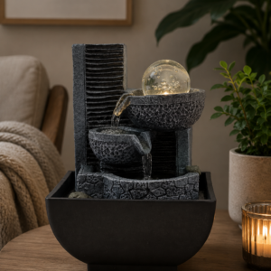 A modern tabletop indoor water feature with cascading stone-effect bowls and an illuminated crystal ball, styled on a wooden coffee table in a cosy living room with houseplants, candlelight and soft natural décor.