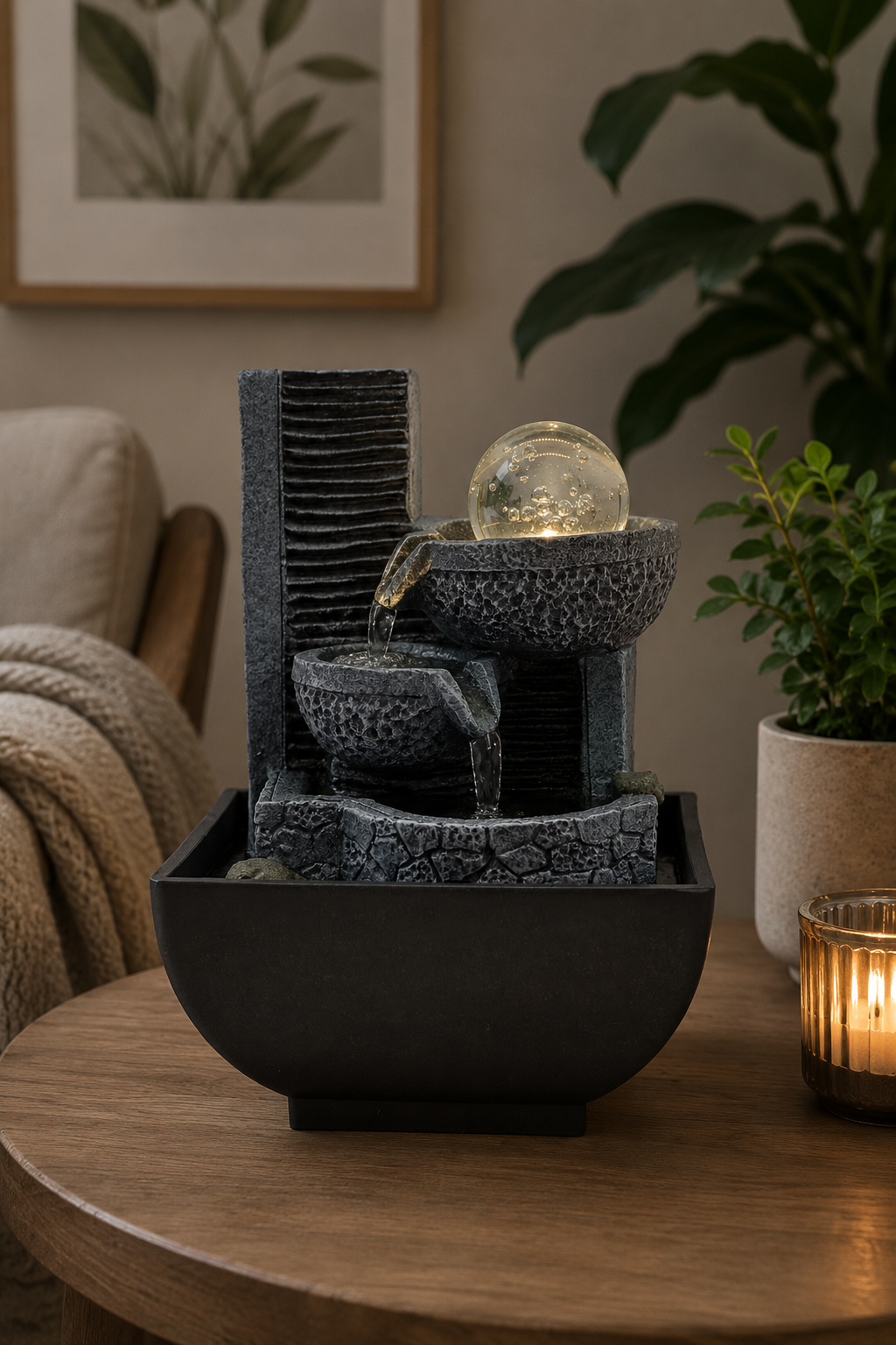 A modern tabletop indoor water feature with cascading stone-effect bowls and an illuminated crystal ball, styled on a wooden coffee table in a cosy living room with houseplants, candlelight and soft natural décor.
