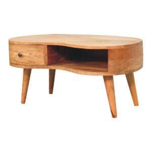 Oak-ish Wave Solid Mango Wood Coffee Table with Drawer & Shelf