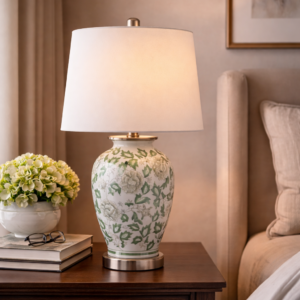 White and green floral ceramic table lamp with fabric shade placed on a wooden bedside table in a warm, neutral bedroom setting.