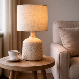 Beige ceramic table lamp with textured base and fabric shade placed on a wooden side table beside a sofa in a warm, neutral living room setting.