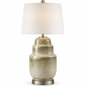 Ceramic table lamp with tiered textured base in neutral tones and white fabric shade, isolated on a clean background for product display.