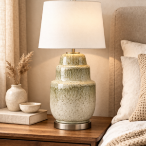 Ceramic table lamp with textured tiered base and white shade placed on a wooden side table beside a sofa in a warm, cosy living room setting.