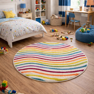 Small round rainbow stripe rug in a colourful kids bedroom with toys, bed, desk and playful décor