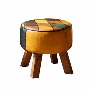 Patchwork Leather Stool – Harlequin Footstool with Wooden Legs