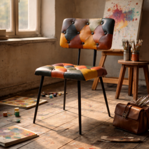 Patchwork leather dining chair with tufted backrest and black metal legs, featuring multicolour leather panels in a warm vintage interior setting.
