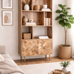 Tall solid mango wood shelving unit with herringbone cabinet doors styled in a neutral living room with soft furnishings, decorative accessories, and indoor plant.