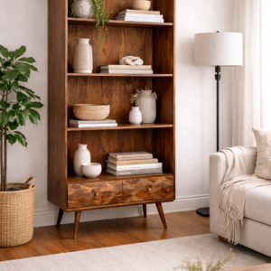 Solid mango wood bookcase with open shelving and geometric drawer fronts, styled in a neutral living room with soft furnishings, floor lamp, and indoor plant.