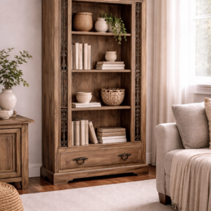 Solid mango wood display cabinet with carved detailing and glass-style panels, styled in a neutral living room with soft furnishings, décor, and natural light.