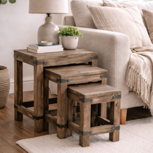 Set of three solid wood nesting tables with metal corner details, styled beside a neutral sofa with lamp, plant, and soft furnishings in a warm living room setting.
