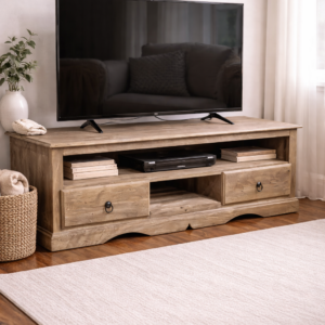 Solid mango wood TV unit with open shelving and two drawers, styled in a neutral living room with television, rug, and soft natural décor.