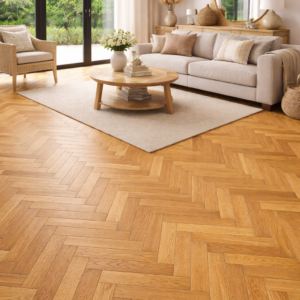 Warm golden oak herringbone engineered wood flooring in a bright modern living room, featuring rich natural grain and parquet pattern, styled with neutral furniture and soft natural light, with the floor as the main focus.