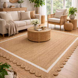 Natural jute rug with scalloped border in a bright living room with rattan furniture, wooden coffee table and indoor plants