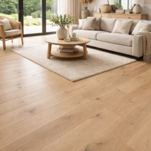 Light natural oak engineered wood flooring in a bright modern living room, featuring wide rustic planks with visible knots and grain, styled with neutral furniture and soft natural light, with the floor as the main focus.