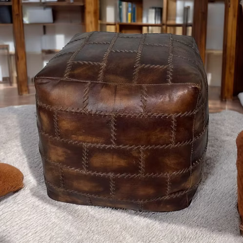 Brown Tan Leather Pouffe – Patchwork Footstool & Rustic Ottoman 40cm - Image 3