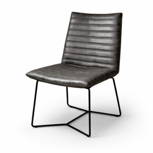 Dark grey leather dining chair with horizontal stitched detailing and black metal frame, isolated on a clean background for product display.