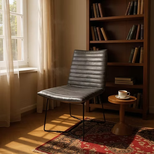 Dark Grey Leather Dining Chair – Industrial Metal Frame Accent Chair 86cm - Image 2