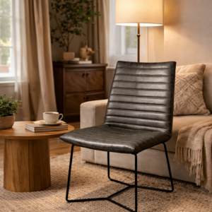 Dark grey leather dining chair with stitched seat and backrest on a black metal frame, styled in a modern living room with wooden flooring and soft natural light.