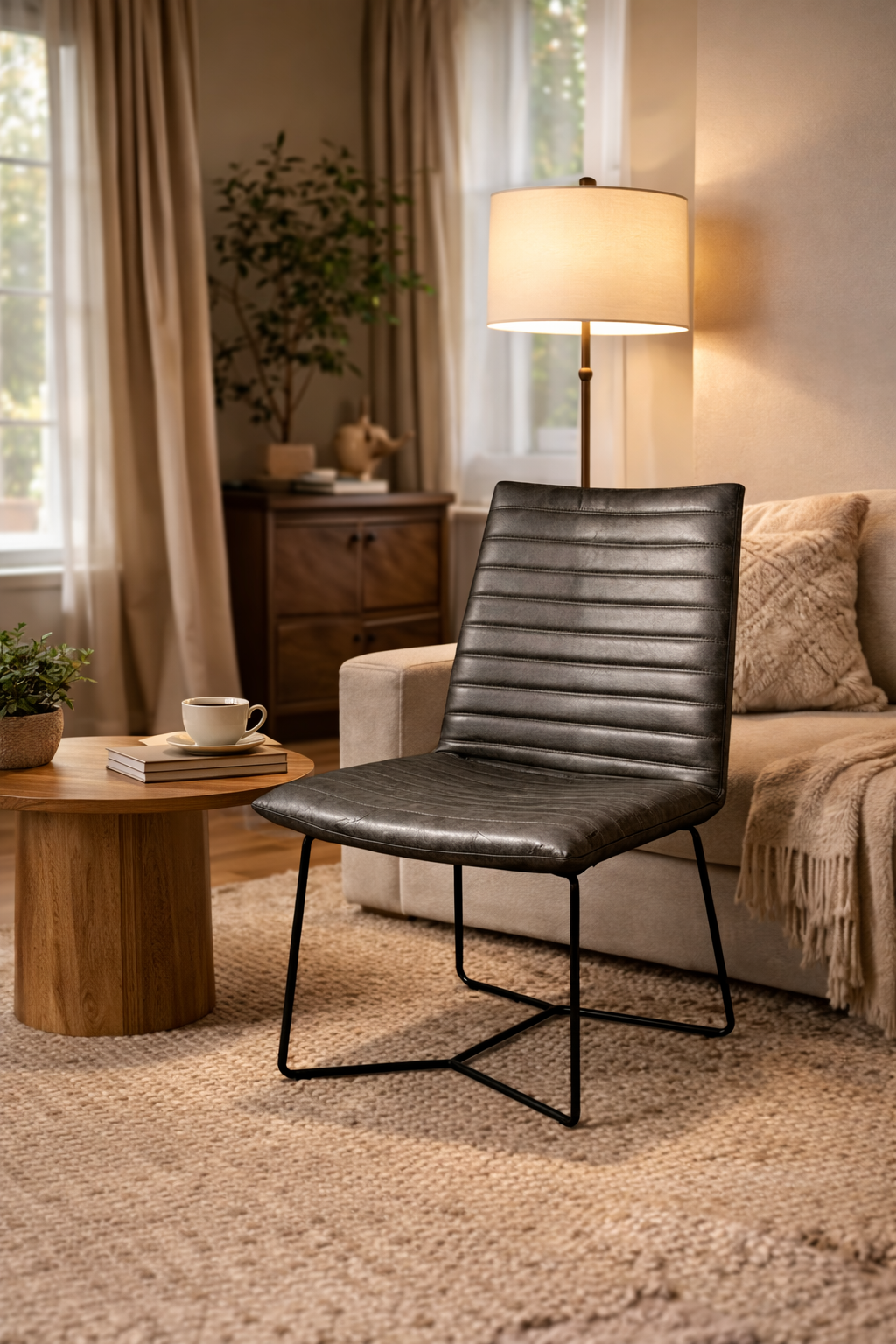 Dark grey leather dining chair with stitched seat and backrest on a black metal frame, styled in a modern living room with wooden flooring and soft natural light.