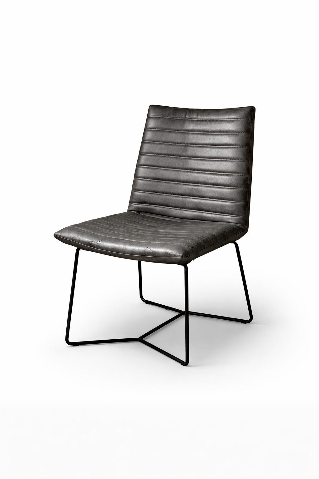 Dark grey leather dining chair with horizontal stitched detailing and black metal frame, isolated on a clean background for product display.