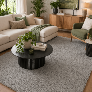 Soft grey shaggy rug in a modern living room with sofa, black coffee table, wooden sideboard and indoor plants