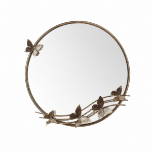 Round wall mirror with decorative metal leaf detailing around the frame, isolated on a clean background for product display.