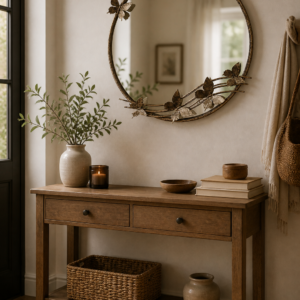 Round wall mirror with antique bronze frame and decorative leaf detailing, styled above a wooden console table in a warm, neutral living space with soft natural light.