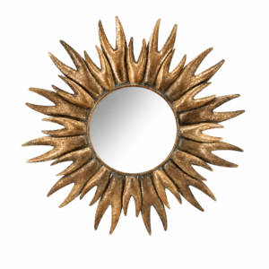 Round sunburst wall mirror with textured gold metal rays and central glass mirror, isolated on a clean background for product display.