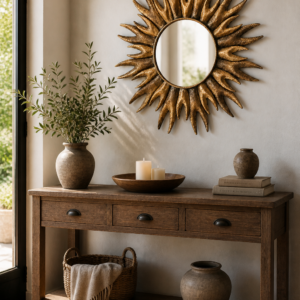 Gold sunburst wall mirror with textured metal rays, styled above a modern console table in a warm, neutral living room with soft natural light.