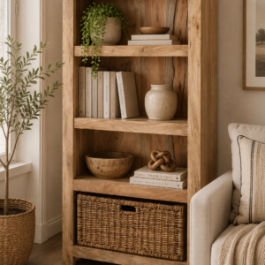 Solid mango wood bookshelf with two open shelves and a wicker storage basket, styled in a neutral living room with sofa, plant, and soft natural décor.
