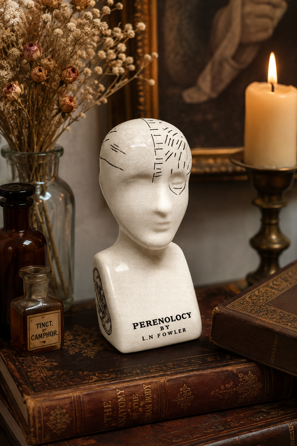 Ceramic phrenology head ornament with crackle glaze finish and detailed markings, styled on a wooden shelf with books and warm ambient lighting in a vintage-inspired interior.