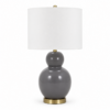 Grey ceramic table lamp with a rounded base and white fabric shade, isolated on a clean background for product display.